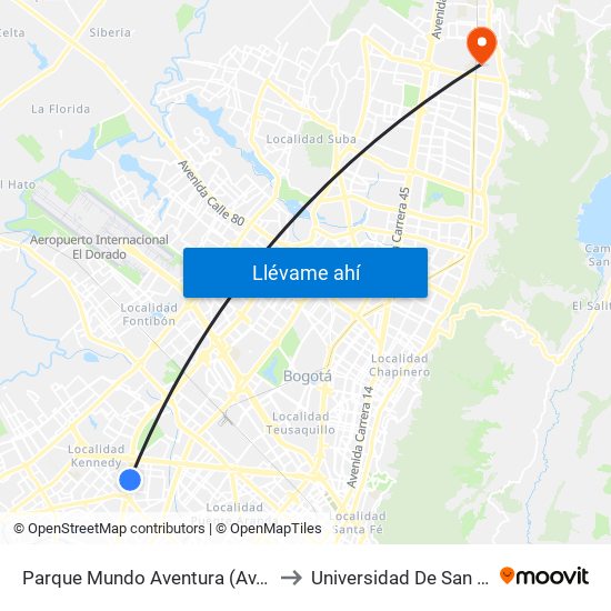 Parque Mundo Aventura (Av. Boyacá - Cl 2) (A) to Universidad De San Buenaventura map