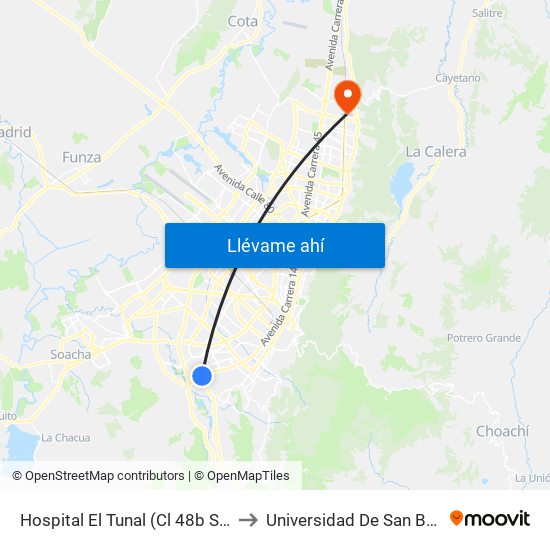 Hospital El Tunal (Cl 48b Sur - Kr 21) (A) to Universidad De San Buenaventura map