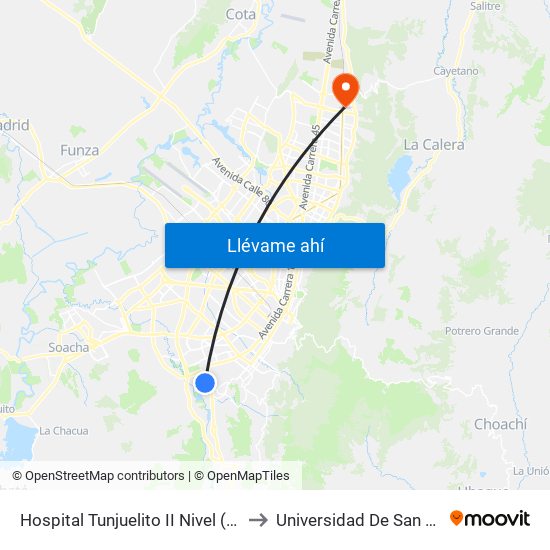 Hospital Tunjuelito II Nivel (Cl 52 Sur - Kr 14) to Universidad De San Buenaventura map