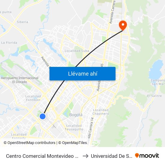 Centro Comercial Montevideo Plaza (Av. Boyacá - Cl 21) (A) to Universidad De San Buenaventura map