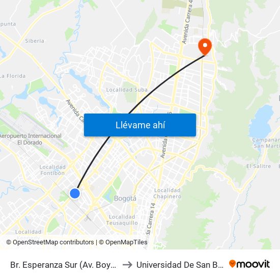 Br. Esperanza Sur (Av. Boyacá - Cl 23) (A) to Universidad De San Buenaventura map