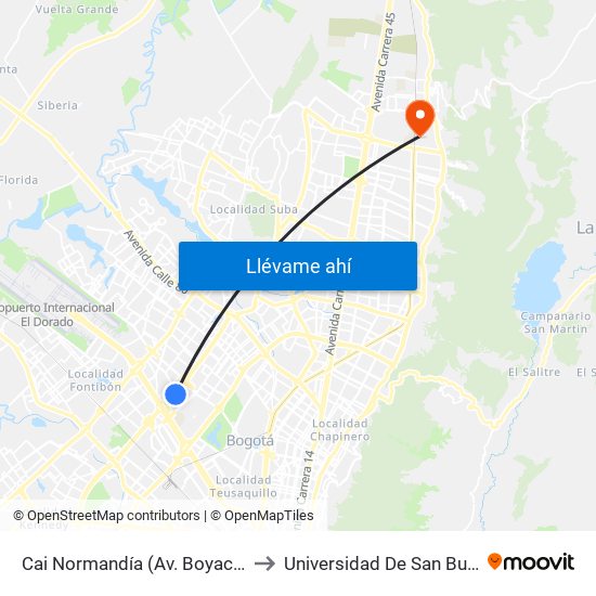 Cai Normandía (Av. Boyacá - Cl 52) (A) to Universidad De San Buenaventura map