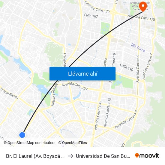 Br. El Laurel (Av. Boyacá - Cl 67) (A) to Universidad De San Buenaventura map