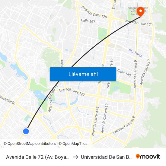 Avenida Calle 72 (Av. Boyacá - Ac 72) (A) to Universidad De San Buenaventura map