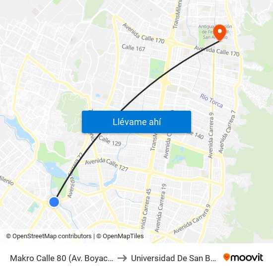 Makro Calle 80 (Av. Boyacá - Ac 80) (A) to Universidad De San Buenaventura map