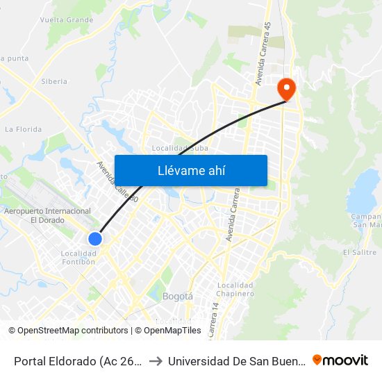 Portal Eldorado (Ac 26 - Ak 96) to Universidad De San Buenaventura map