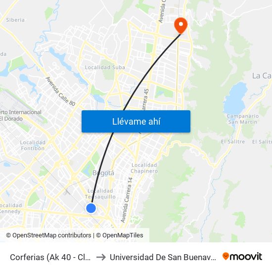 Corferias (Ak 40 - Cl 24a) to Universidad De San Buenaventura map