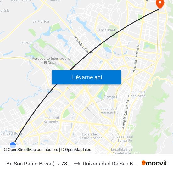 Br. San Pablo Bosa (Tv 78l - Cl 69a Sur) to Universidad De San Buenaventura map