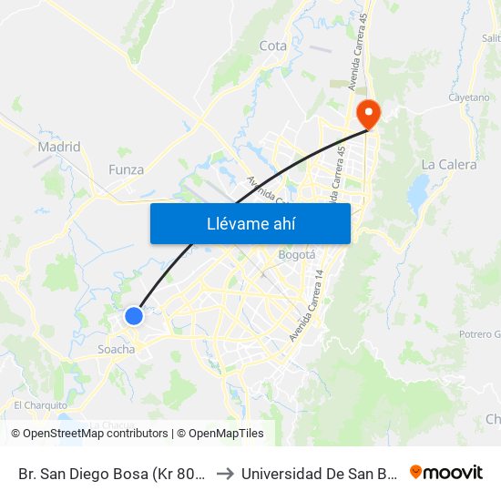 Br. San Diego Bosa (Kr 80k - Cl 82b Sur) to Universidad De San Buenaventura map