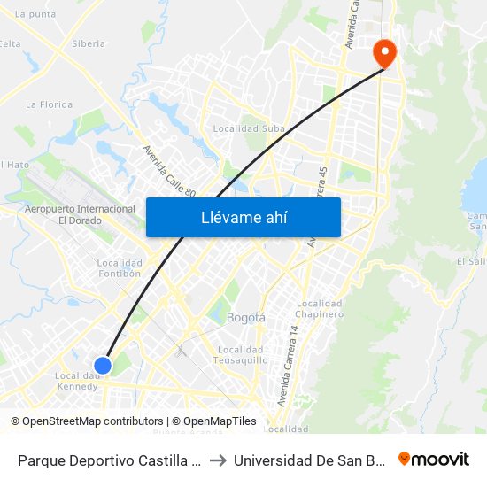 Parque Deportivo Castilla (Ac 8 - Kr 73) to Universidad De San Buenaventura map