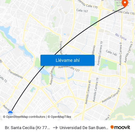 Br. Santa Cecilia (Kr 77a - Cl 55) to Universidad De San Buenaventura map