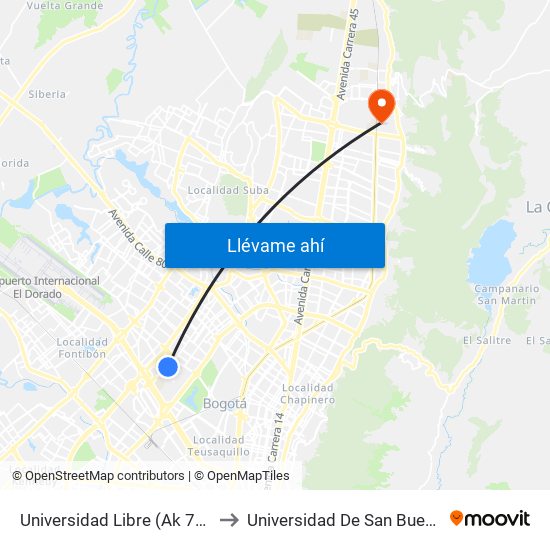 Universidad Libre (Ak 70 - Ac 53) to Universidad De San Buenaventura map