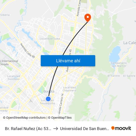 Br. Rafael Nuñez (Ac 53 - Ak 45) to Universidad De San Buenaventura map