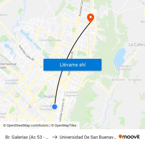 Br. Galerías (Ac 53 - Kr 28) to Universidad De San Buenaventura map