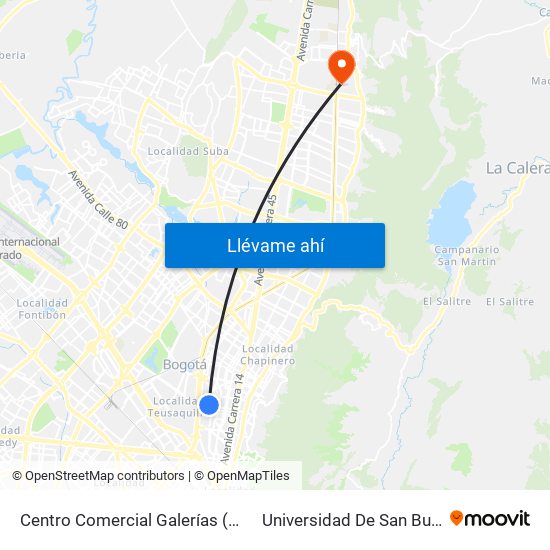 Centro Comercial Galerías (Ac 53 - Ak 24) to Universidad De San Buenaventura map