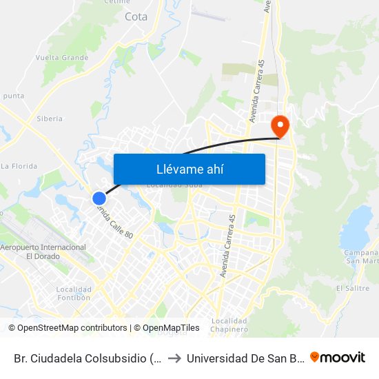 Br. Ciudadela Colsubsidio (Kr 114 - Ac 80) to Universidad De San Buenaventura map