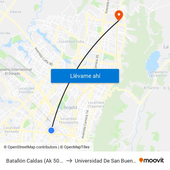 Batallón Caldas (Ak 50 - Ac 17) to Universidad De San Buenaventura map