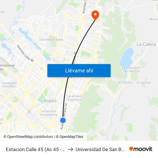 Estación Calle 45 (Ac 45 - Av. Caracas) to Universidad De San Buenaventura map