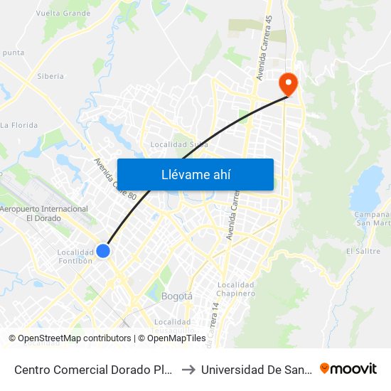 Centro Comercial Dorado Plaza (Ac 26 - Kr 85d) to Universidad De San Buenaventura map