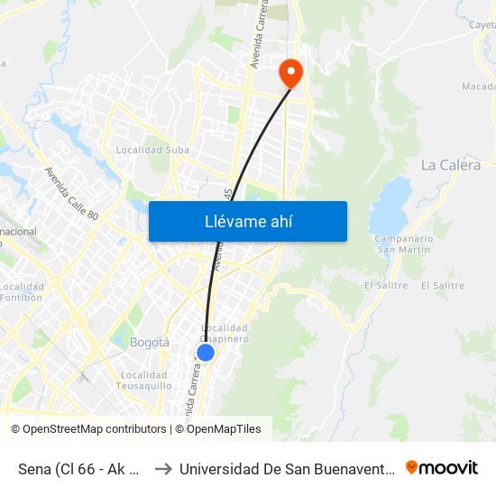 Sena (Cl 66 - Ak 11) to Universidad De San Buenaventura map