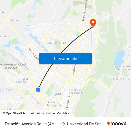 Estación Avenida Rojas (Ac 26 - Kr 69d Bis) (A) to Universidad De San Buenaventura map