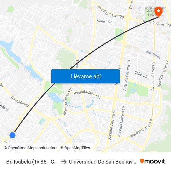 Br. Isabela (Tv 85 - Cl 64i) to Universidad De San Buenaventura map