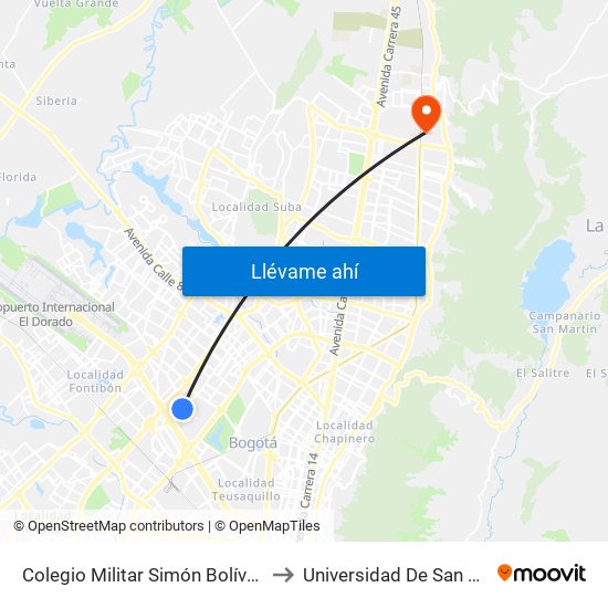 Colegio Militar Simón Bolívar (Ak 70 - Cl 51) to Universidad De San Buenaventura map