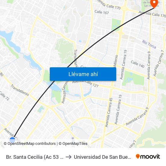 Br. Santa Cecilia (Ac 53 - Kr 77c) to Universidad De San Buenaventura map