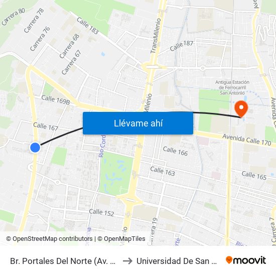 Br. Portales Del Norte (Av. Boyacá - Cl 163) to Universidad De San Buenaventura map