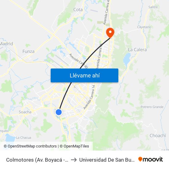 Colmotores (Av. Boyacá - Kr 36a) (A) to Universidad De San Buenaventura map