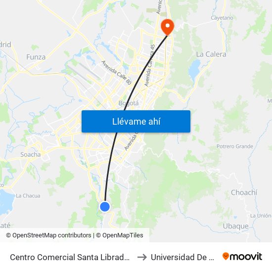 Centro Comercial Santa Librada (Av. Caracas - Cl 74c Sur) (A) to Universidad De San Buenaventura map