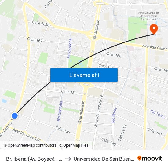 Br. Iberia (Av. Boyacá - Ac 138) to Universidad De San Buenaventura map