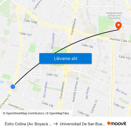 Éxito Colina (Av. Boyacá - Cl 146b) to Universidad De San Buenaventura map