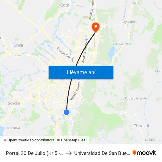 Portal 20 De Julio (Kr 5 - Cl 31 Sur) to Universidad De San Buenaventura map