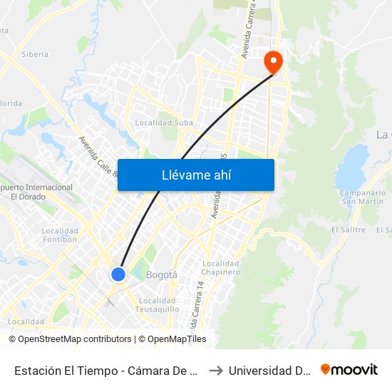 Estación El Tiempo - Cámara De Comercio De Bogotá (Ac 26 - Kr 68b Bis) to Universidad De San Buenaventura map