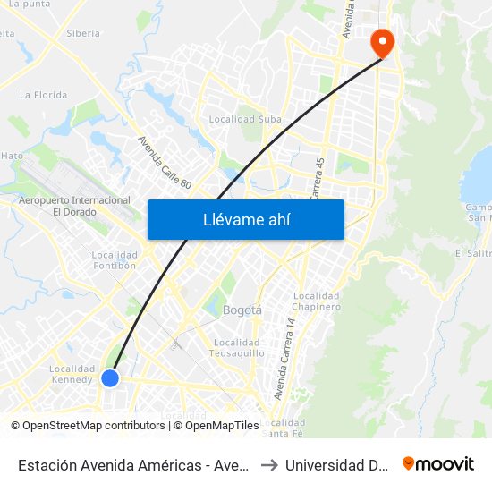 Estación Avenida Américas - Avenida Boyacá (Av. Américas - Kr 71b) (A) to Universidad De San Buenaventura map