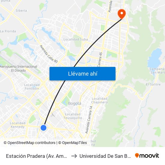 Estación Pradera (Av. Américas - Kr 65) to Universidad De San Buenaventura map