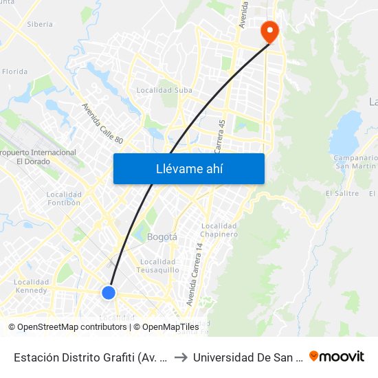 Estación Distrito Grafiti (Av. Américas - Kr 53a) to Universidad De San Buenaventura map