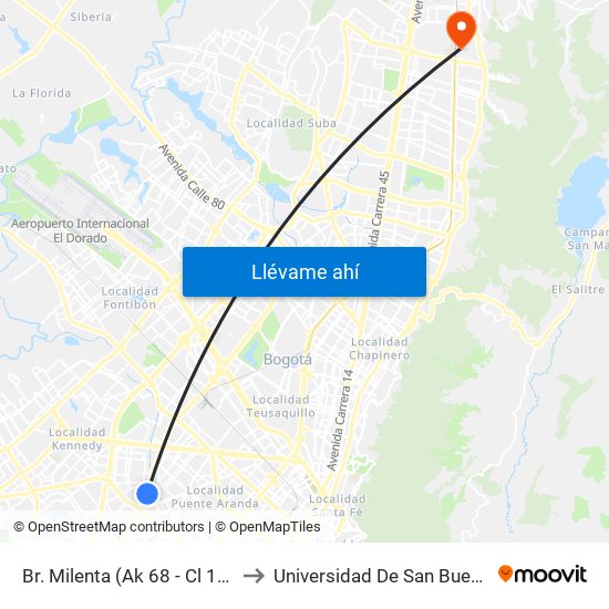 Br. Milenta (Ak 68 - Cl 17 Sur) (B) to Universidad De San Buenaventura map