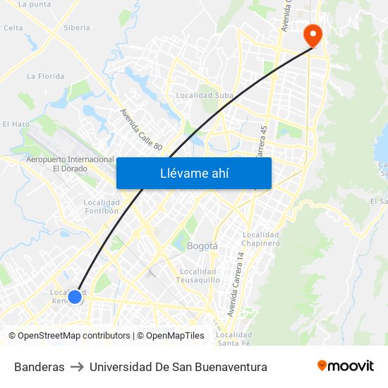 Banderas to Universidad De San Buenaventura map