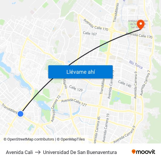 Avenida Cali to Universidad De San Buenaventura map