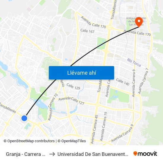 Granja - Carrera 77 to Universidad De San Buenaventura map