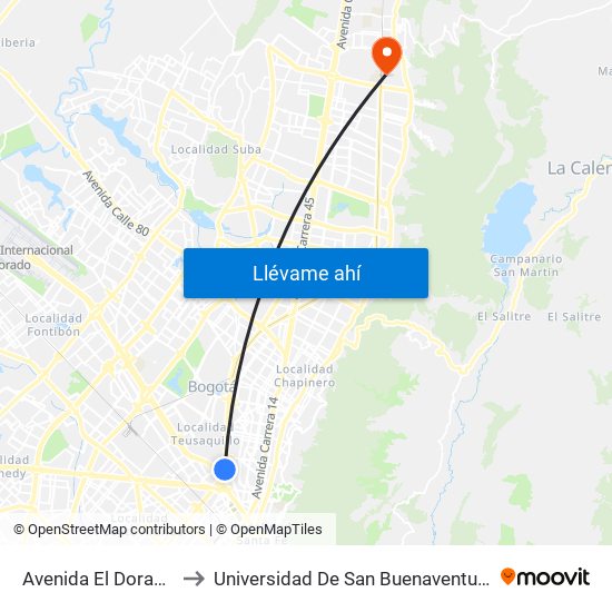 Avenida El Dorado to Universidad De San Buenaventura map