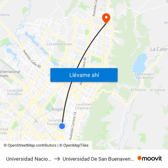 Universidad Nacional to Universidad De San Buenaventura map