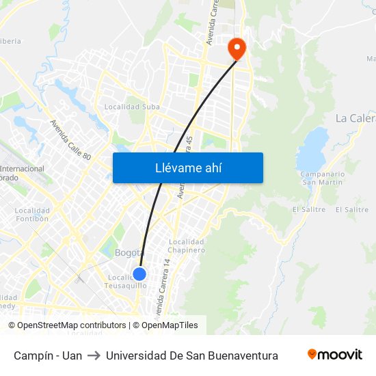 Campín - Uan to Universidad De San Buenaventura map