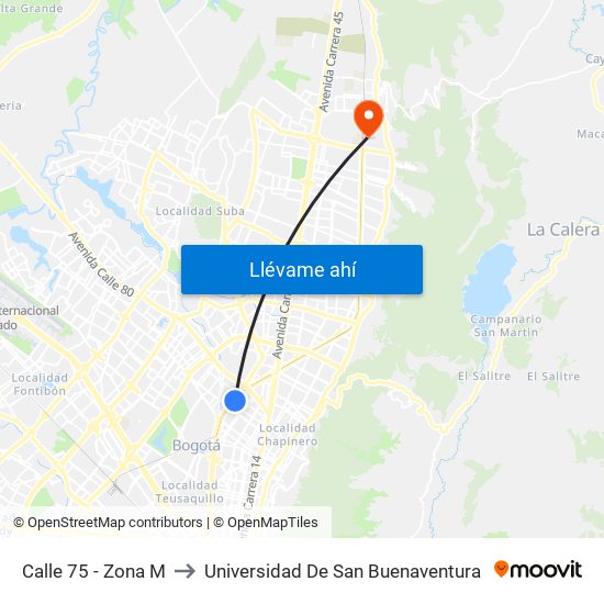 Calle 75 - Zona M to Universidad De San Buenaventura map
