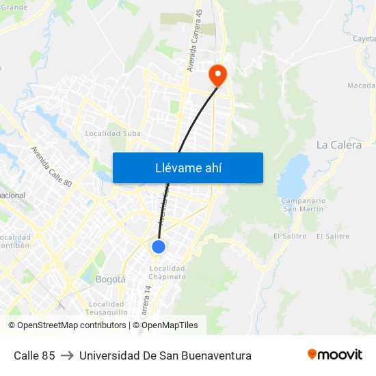 Calle 85 to Universidad De San Buenaventura map