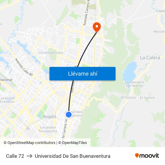 Calle 72 to Universidad De San Buenaventura map