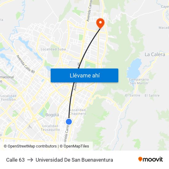 Calle 63 to Universidad De San Buenaventura map