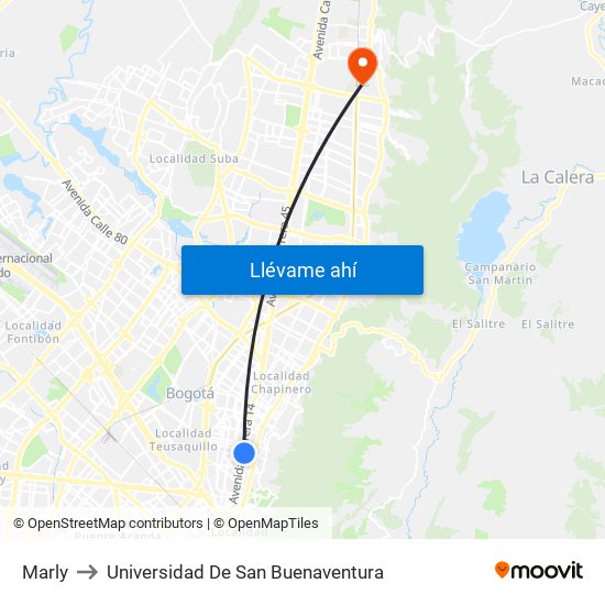 Marly to Universidad De San Buenaventura map